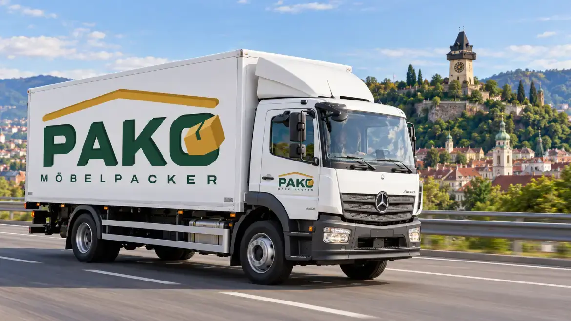 Pako-Umzugs-Lkw unterwegs, im Hintergrund der Grazer Schlossberg mit Uhrturm