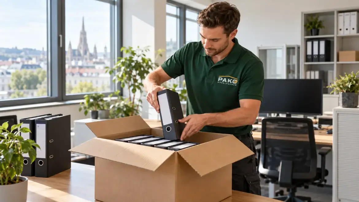 Möbelpacker packt im Büro Aktenordner in einen Umzugskarton