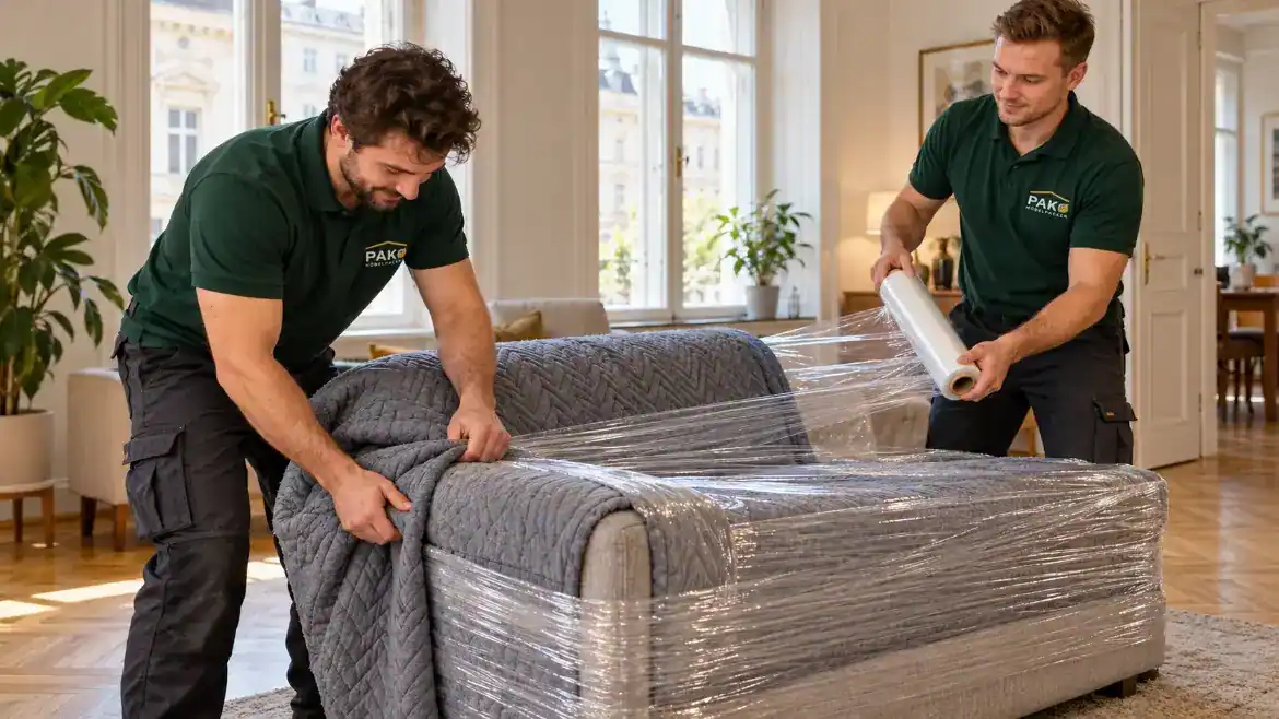 Zwei Möbelpacker schützen ein Sofa mit Decken und Stretchfolie