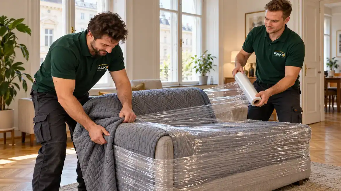 Zwei Möbelpacker schützen ein Sofa mit Decken und Stretchfolie