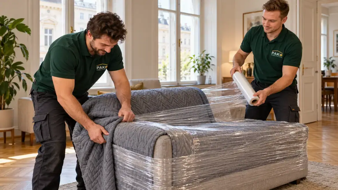 Zwei Möbelpacker schützen ein Sofa mit Decken und Stretchfolie